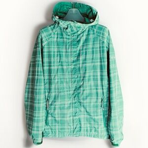 Columbia Plaid  Waterproof Rain Hoodie Jacket Med Light Green White Size L